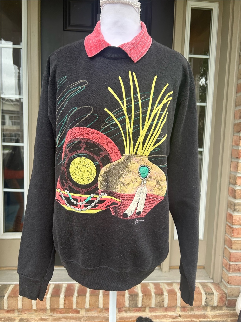 Vintage 90s Hazelwood collared sweatshirt Southwestern Native American pottery M